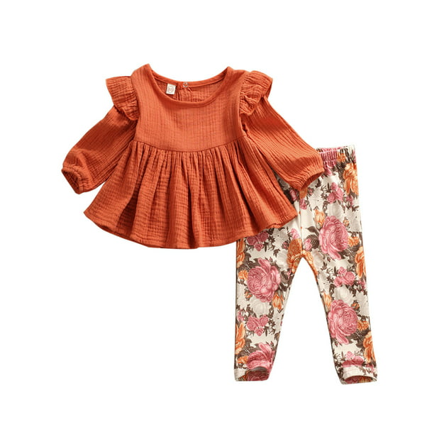 2PCS Toddler Baby Girl Outfits Kid Fall Long Sleeve Ruffles Tops Floral Leggings Pants Clothes Set 